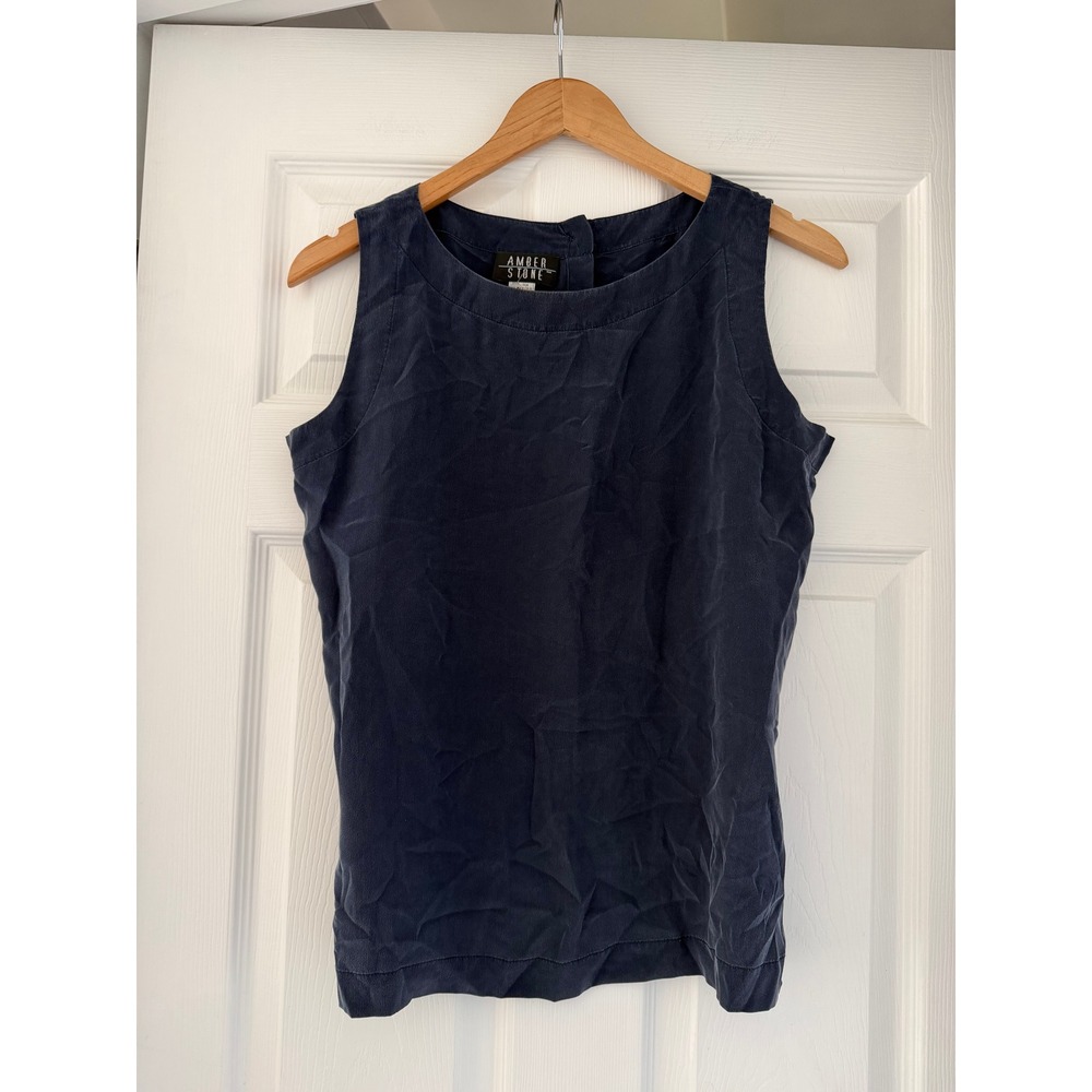 Vintage 90s Silk Navy Blue Sleeveless Blouse Coastalcore